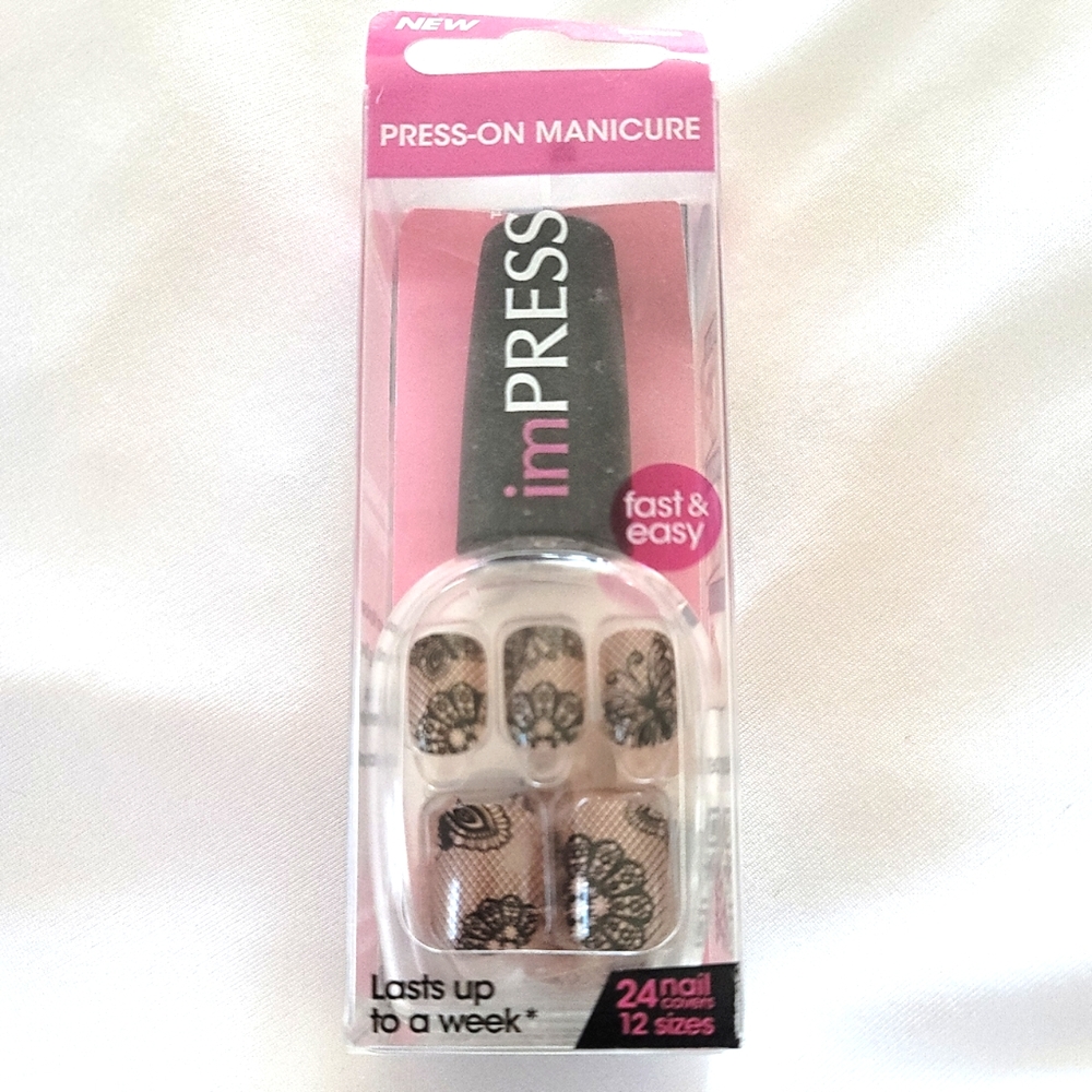 imPRESS Press On Manicure Tan Black Lace Fake Nails Set NWT